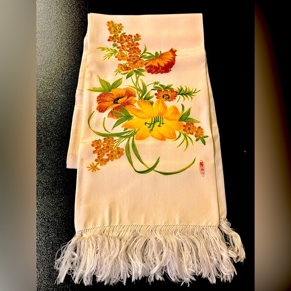 VTG Suzhou Silk Scarf Hand Painted Floral Fringe Cream Orange New In Box Boho Ar